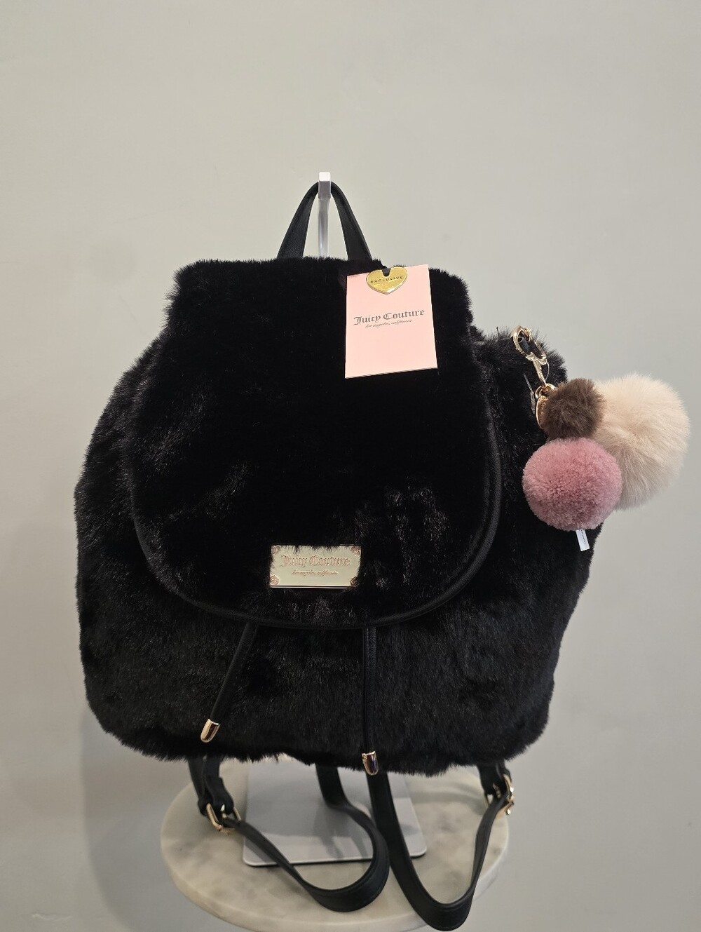 Juicy Couture Dreamy Divas Black Faux Fur Backpack with Gold Accents NWT